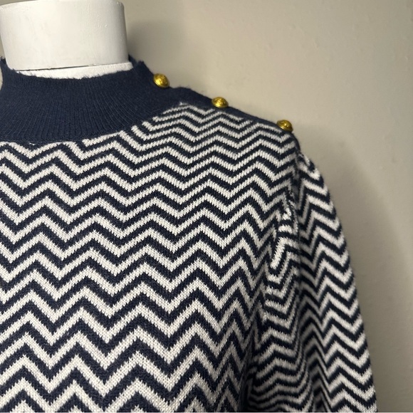 J. Crew | navy/white chevron mock neck sweater with gold button detail - Picture 5 of 12
